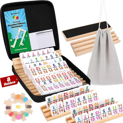 Miniatura 10 de Dominós Mejorados Doble 6, 28 fichas de dominó, 4 soportes/estantes de madera, juego de mesa de viaje y memoria con estuche portátil para 2-4