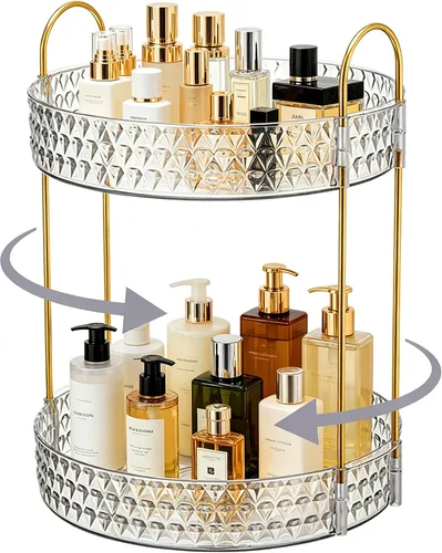 Estante de almacenamiento acrílico giratorio de 360°, organizador de maquillaje de gran capacidad de 2 niveles para encimera de baño y tocador,