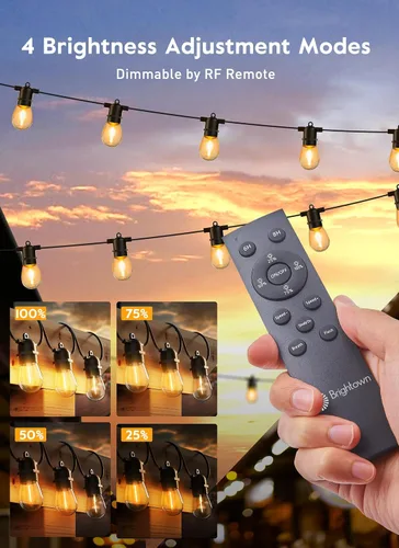 Miniatura 2 de Minetom Tira de luces solares de 34 pies para exteriores con control remoto, luces de patio con 10 bombillas LED inastillables y ganchos, enchufe