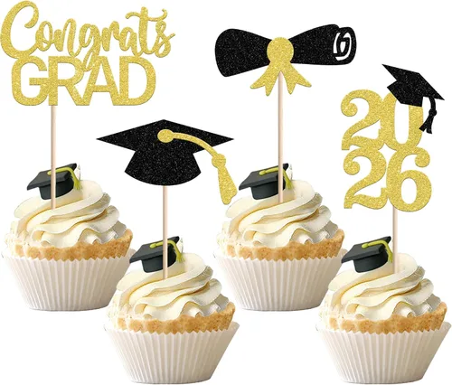 Miniatura 17 de Rsstarxi Paquete de 24 adornos para cupcakes de graduación 2026, con purpurina azul, para la clase de 2026, para diplomas, 24 piezas (6 diseños)