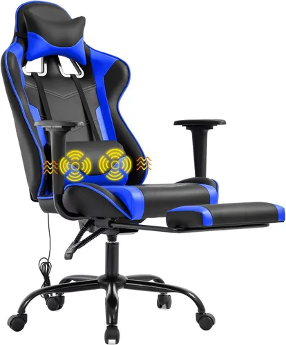 Silla ergonómica para oficina y videojuegos de computadora, con masaje, piel sintética, altura ajustable, apoyo lumbar, reposacabezas, reposabrazos,