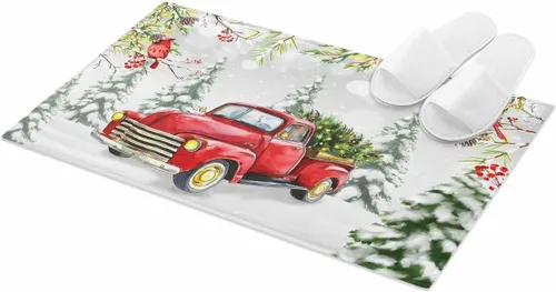 Alfombra de baño esponjosa para camión rojo, cardenal de Navidad, antideslizante, alfombra suave para piso, árbol de Navidad, conos de pino, nieve,