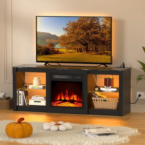 Miniatura 4 de BREEZEHEAT - Soporte de TV con chimenea eléctrica de 58 pulgadas para televisor de 65" - Centro de entretenimiento con chimenea de 18" y luz LED