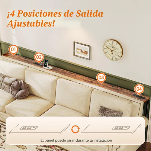 Miniatura 6 de SUPERJARE - Mesa de sofá de 102 pulgadas con 2 tomas de corriente y puertos USB-C, mesa consola estrecha de 5.9 pulgadas con almacenamiento, Marrón