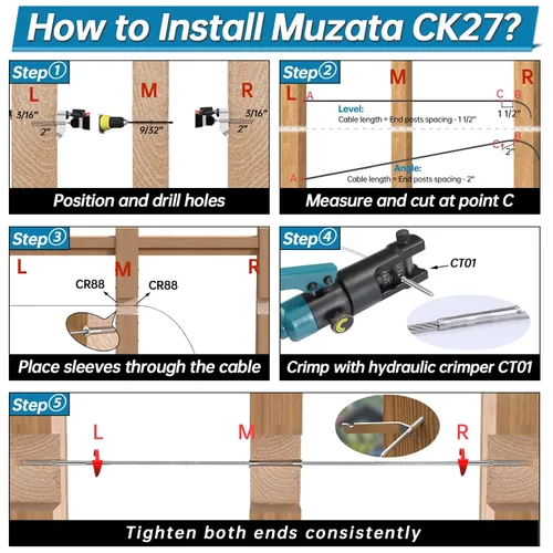 Miniatura 4 de Muzata Paquete de 20 tornillos para barandillas de cable de 3/16 pulgadas, rosca para zurdos y diestros para poste de madera T316, sistema