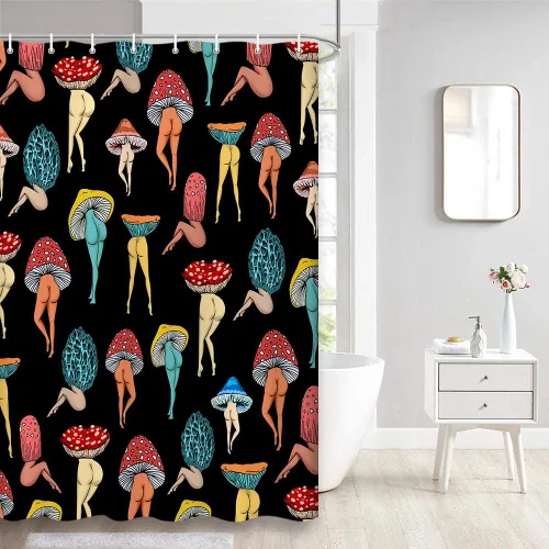 Miniatura 2 de Divertida cortina de ducha con trasero de hongo, divertida y sexy, de los años 70 y 80, cortinas de ducha de tela para baño, hippie, psicodélico