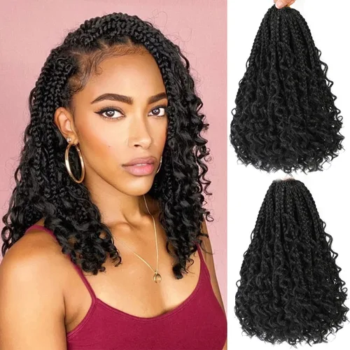 Miniatura 21 de Wodun Extensiones de cabello de ganchillo Goddess de 14 pulgadas, trenzas de caja con extremos rizados 3X estilo bohemio, extensiones de cabello