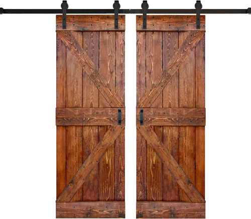 Miniatura 2 de Serie K de 60 x 84 pulgadas (30 x 84 pulgadas x 2 paneles) Puerta corredera clásica de madera maciza con acabado de nogal con riel de herrajes