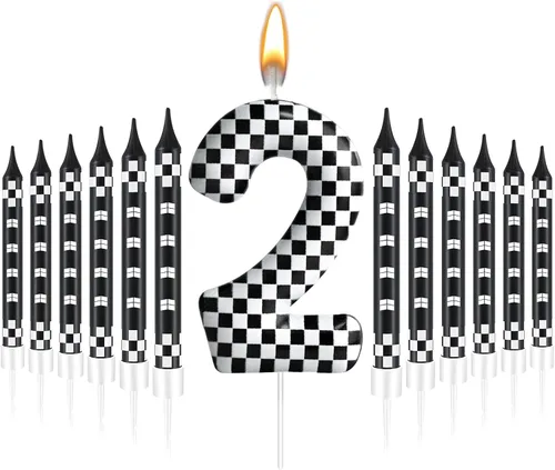 Miniatura 8 de 13 piezas de velas temáticas de coches de carreras para cumpleaños en negro y blanco con número de carrera 1 a cuadros, velas para tarta de coche