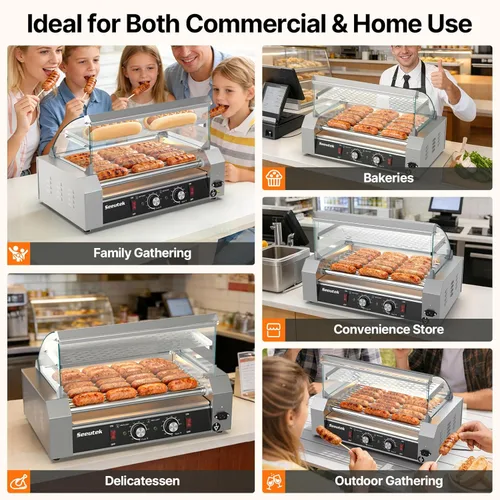 Miniatura 9 de Seeutek Rodillo para perros calientes con 7 rodillos, 24 perros calientes, capacidad de 1100 W, tostadora de perro caliente inoxidable con luz LED
