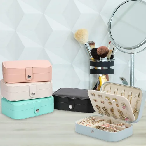 Miniatura 5 de Joyero de viaje, organizador de joyas pequeño de piel sintética para mujeres y niñas, mini estuche de viaje portátil de doble capa para guardar