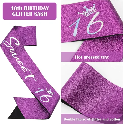 Miniatura 3 de 16th - Kit de corona y banda morada, decoraciones de fiesta de dulces 16, regalos y suministros para niñas (morado)