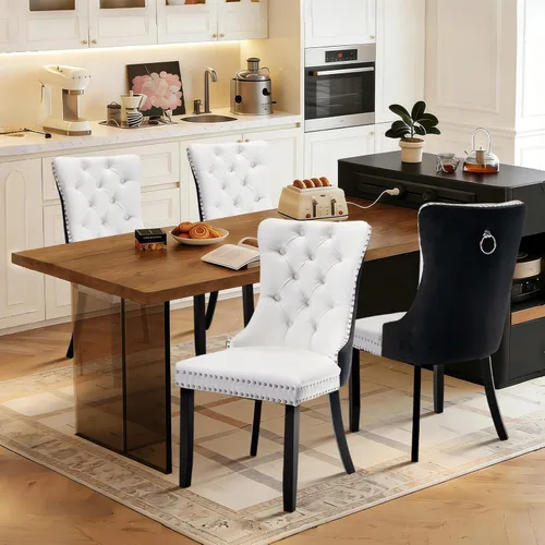 Miniatura 24 de Juego de 4 sillas de comedor de terciopelo, sillas de comedor tapizadas con ribete de cabeza de clavo y patas de madera maciza para cocina