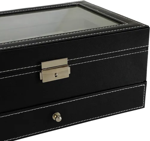 Miniatura 5 de Tebery Caja de reloj negra con 12 ranuras organizador de piel sintética con cajón de joyería para almacenamiento y exhibición