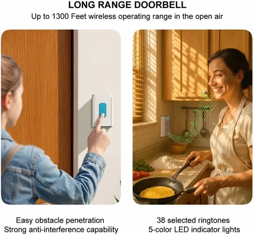 Miniatura 2 de Timbre inalámbrico con luz nocturna y 2 tomas de corriente, alcance de 1300 pies, impermeable, modo de no molestar, sin instalación de perforación