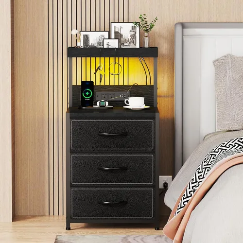 Miniatura 2 de SZLHANJZ - Mesita de noche LED con estación de carga, mesita de noche con 3 cajones y luces, mesa auxiliar de almacenamiento con estante y ganchos