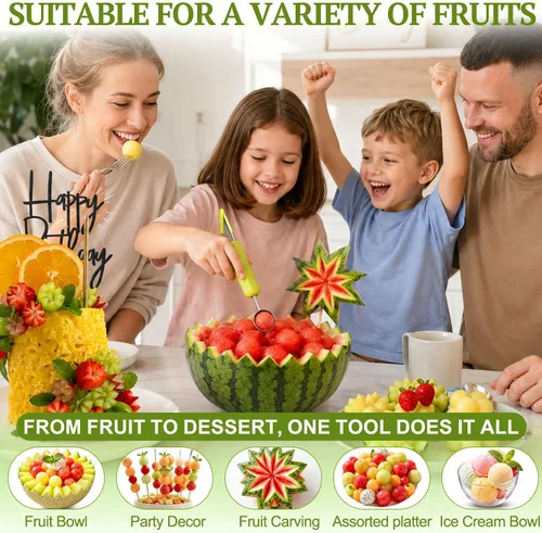Miniatura 10 de Juego de palas de melón Suuker, 4 en 1 cortadores de frutas con formas, cuchara de sandía, cuchara de frutas y pelador de bolas, herramientas
