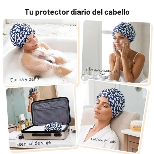 Miniatura 8 de INNELO Gorro de ducha de lujo para mujeres, reutilizable, impermeable, gorro de ducha de doble capa con correa elástica ajustable, gorro de baño