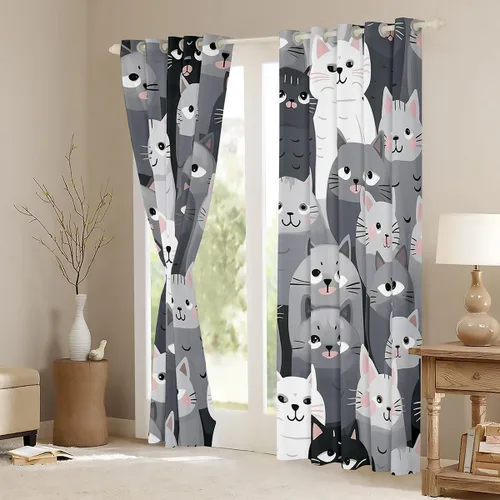 Miniatura 3 de Feelyou Cortinas de ventana de gatos grises y blancos, cortinas de ventana con patrón de mascotas para dormitorio, sala de estar para niños, niñas
