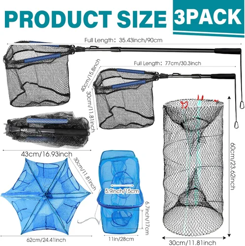 Miniatura 2 de Windyun 3 trampas de cebo de pesca plegadas, incluye red de aterrizaje de peces con mango telescópico, trampas cilíndricas hexagonales para peces