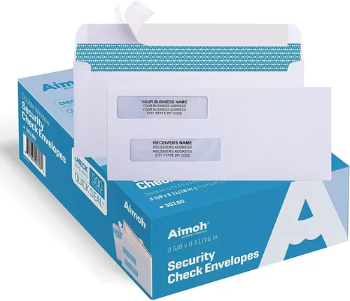 Aimoh 500#8 Sobres de seguridad autosellantes de doble ventana, para cheques comerciales, QuickBooks y cheques rápidos, tamaño 3 5/8 x 8 11/16