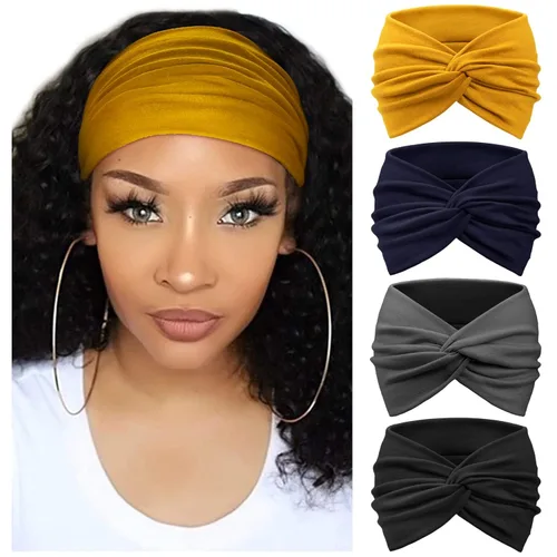 DRESHOW Paquete de 4 diademas tipo turbante para mujer, vendas anchas vintage anudadas, accesorios para la cabeza, 4 piezas gris oscuro, azul