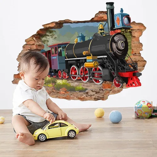 Miniatura 3 de SUPERDANT Adhesivo de pared de tren retro 3D para despegar y pegar, mural de vinilo para habitación de los niños, dormitorio, sala de estar, sala