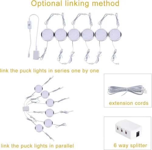 Miniatura 4 de Kit de iluminación LED para debajo del gabinete, paquete de 6 luces de disco enlazables con atenuador táctil, enchufe con cable para iluminación