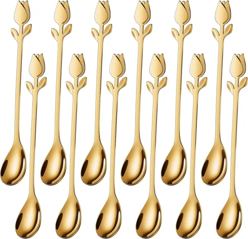 Miniatura 14 de Juego de Soporte para Cucharas de Café Pequeñas Dorado, Base de Cisne con Juego de 12 Cucharas Demitasse para Espresso, Cuchara de Postre Mini