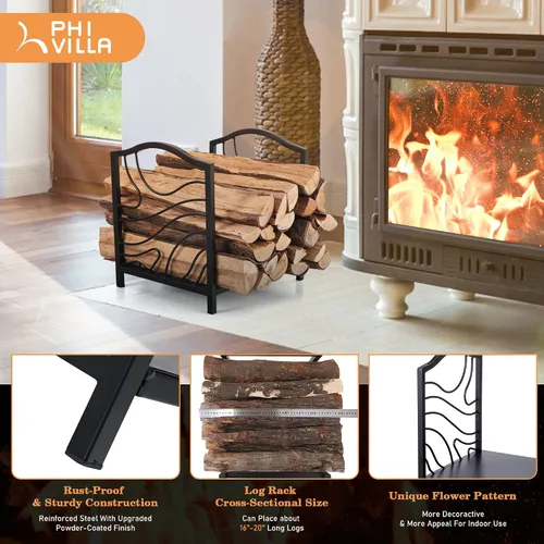 Miniatura 2 de PHI VILLA Estante para leña de 17 pulgadas, decoración para interiores y exteriores, soporte de madera para chimenea de acero, soportes