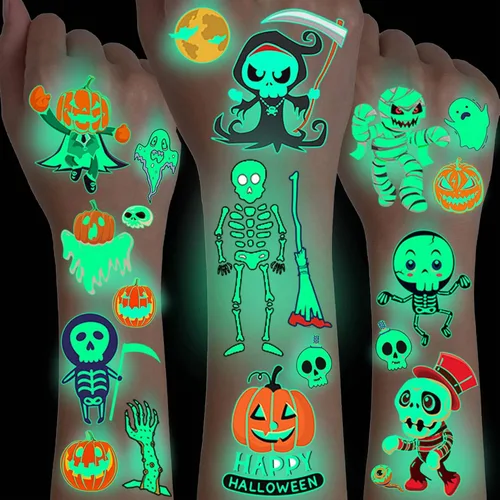 10 hojas de tatuajes temporales luminosos de Halloween con purpurina nocturna para niños y niñas, calcomanías de tatuaje falso 3D de zombi que