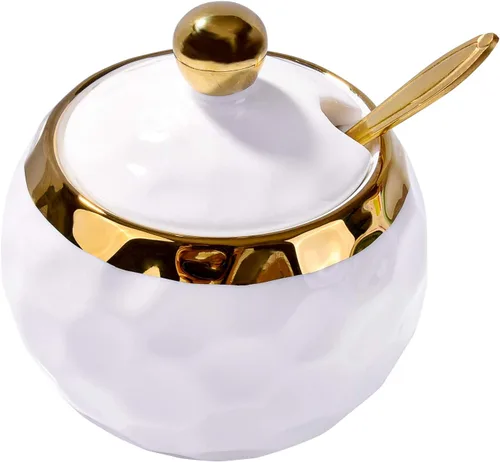 Miniatura 8 de Azucarero de cerámica con cuchara, tarro de azúcar con borde dorado, recipiente de sal de cerámica en forma de golf con tapa para el hogar