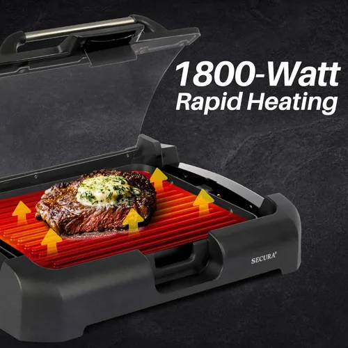 Miniatura 4 de Secura Plancha Eléctrica sin Humo para Interiores de 1800 Vatios con Placas Reversibles 2 en 1 de Parrilla y Plancha, Tapa de Vidrio, Bandeja