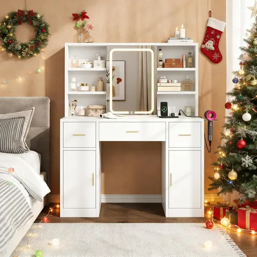 Miniatura 3 de knoworld - Escritorio de tocador con espejo deslizante y luces LED, mesa de maquillaje inteligente con estación de carga, soporte para secador