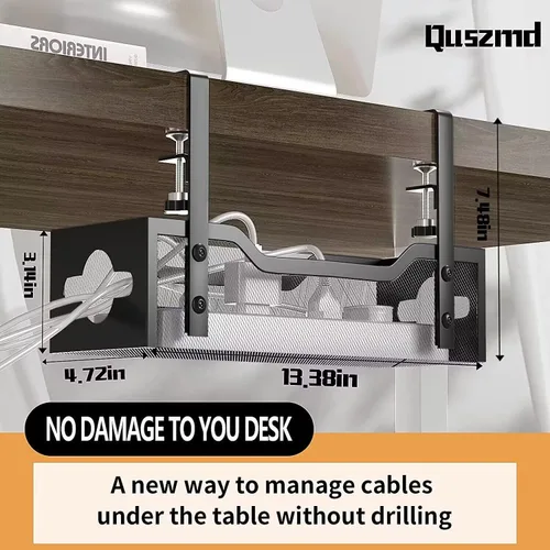 Miniatura 2 de Paquete de 2 bandejas para organizar cables debajo del escritorio, organizador de cables de 13.38 pulgadas sin taladros, organizador de cables