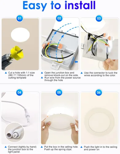 Miniatura 6 de Luminaria empotrable LED delgada de 6 pulgadas con caja de conexiones, luz blanca cálida 3000 ºK, la luz descendente de 12 W equivale a 110 W, luces
