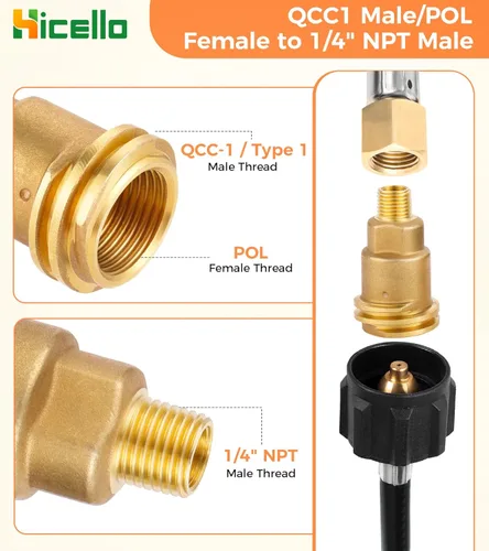 Miniatura 4 de 3 adaptadores de latón de gas propano – QCC1 macho/POL hembra a 1/4 pulgadas NPT macho + POL macho a 1/4 pulgadas NPT macho + QCC1 macho a 1/4