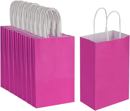 Miniatura 10 de Oikss Paquete de 100 bolsas pequeñas de papel kraft amarillas de 5.25 x 3.25 x 8.25 pulgadas con asas a granel para cumpleaños, bodas, fiestas