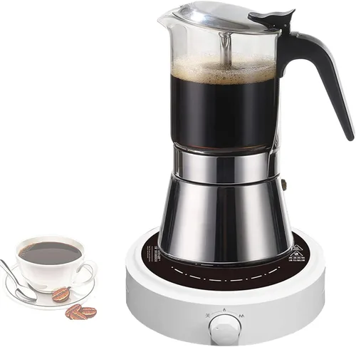 Máquina de café expreso con tapa de cristal y acero inoxidable, cafetera italiana clásica, olla Moka - 4/6/9 tazas, 12.2 fl oz/12.7oz/9 tazas (taza