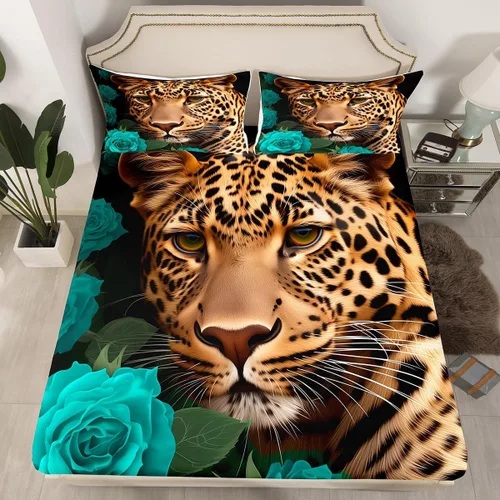 Miniatura 22 de Erosebridal Juego de sábanas bajeras de rosas rojas y leopardo, tamaño individual, diseño de animales africanos salvajes, diseño de plantas