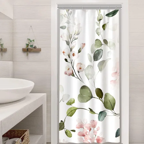 Miniatura 19 de Cortina de ducha pequeña de eucalipto azul acuarela, juego de cortinas de ducha pequeñas impermeables con diseño floral de primavera con ganchos, 36