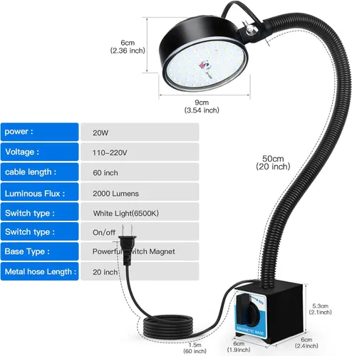 Miniatura 6 de Luz de trabajo LED magnética de 20W, 2000LM, cuello de cisne flexible de 19.685 in, para máquina de coser, torno, banco de trabajo, iluminación
