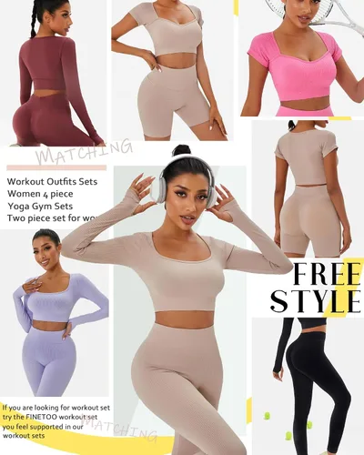 Miniatura 6 de FINETOO Conjunto de 4 piezas de entrenamiento para mujer, acanalado, sin costuras, manga larga, camiseta deportiva, sin mangas, cintura alta