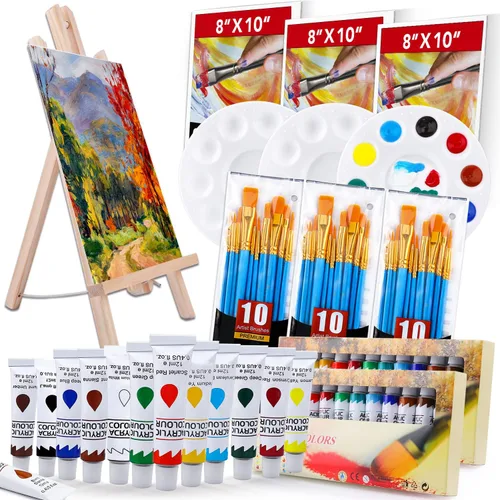 ESRICH Juego de pintura acrílica, suministros de pintura con 2 piezas de pintura acrílica de 12 colores, 1 caballete, 3 lienzos, 30 pinceles y 3