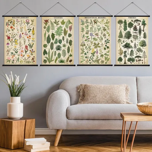 Miniatura 7 de Lewtemi Póster vintage de 4 piezas de arte de pared botánico de la naturaleza, flores silvestres, hojas, hierbas medicinales, árboles, póster