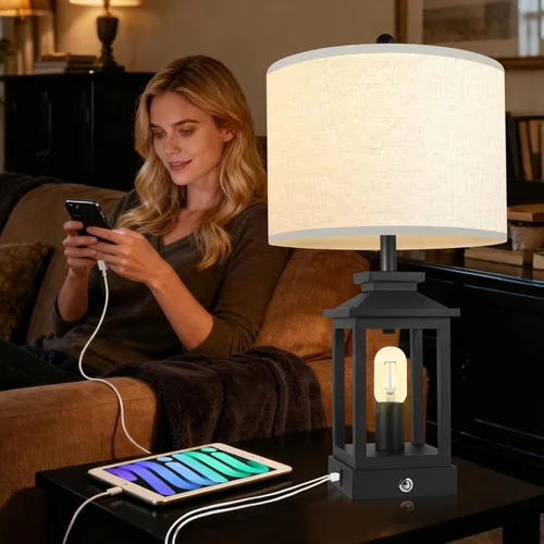 Miniatura 7 de Lámpara de mesa estilo granja para dormitorio, lámpara táctil negra con puertos USB-C y USB-A, lámparas de noche retro regulables de 3 vías