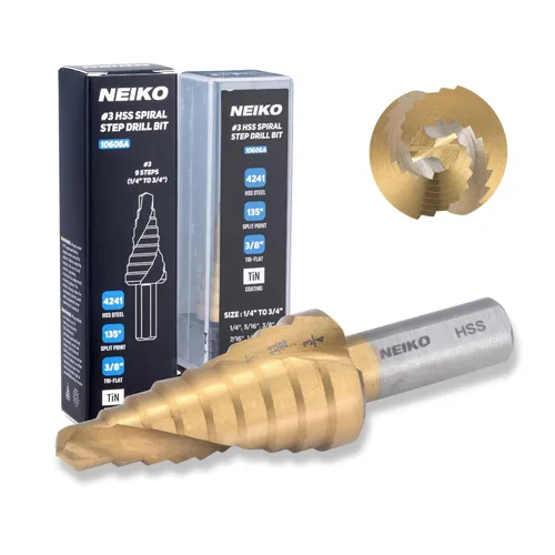 Miniatura 21 de NEIKO 10602A Step Drill Bit, 13 Steps 1/8" to 1/2" Spiral High Speed Steel, Titanium Nitride Coated, 1/4" Quick Change Step Bits for Steel, Metal