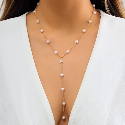 Miniatura 5 de Delicado collar de perlas para mujer, collar de oro y perlas, collar largo bohemio de perlas sintéticas para playa, joyería de perlas para mujer