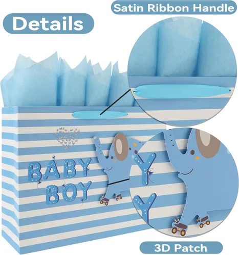 Miniatura 4 de Set de bolsa de regalo extra grande de 16.5” para bebé niño con asas, tarjeta de felicitación, papeles de seda azules y pegatinas para niños