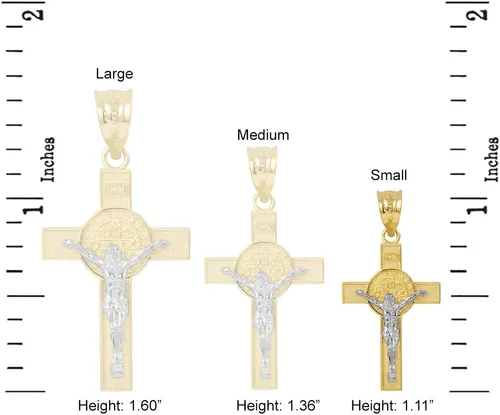 Miniatura 3 de Colgante de cruz de crucifijo de San Benito en dos tonos de oro macizo de 10 quilates (1.10"), Oro amarillo